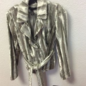 INC Light grey faux fur jacket with belt.