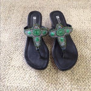 Bead Embellished Black Leather Wedge Sandals