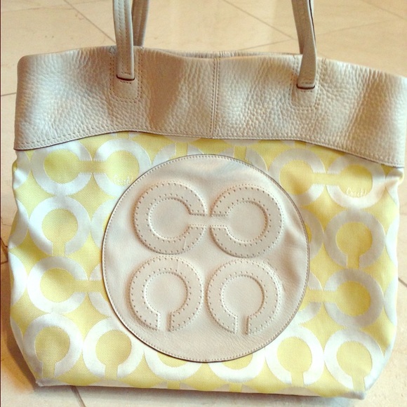 COACH yellow and white tote bag purse