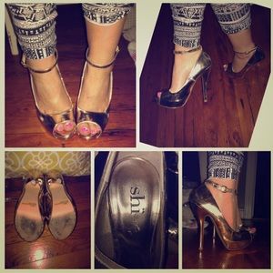 Rose gold ankle strap heels