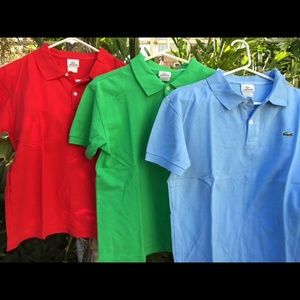 MENs LaCoStE PoLos, size 4. Red, Green, Light Blue