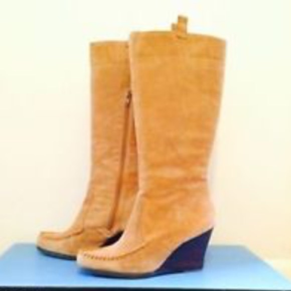 Camel colored suede wedge boots