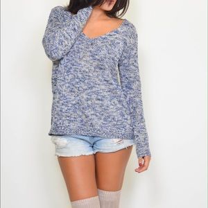 BLUE CUTOUT KNIT SWEATER