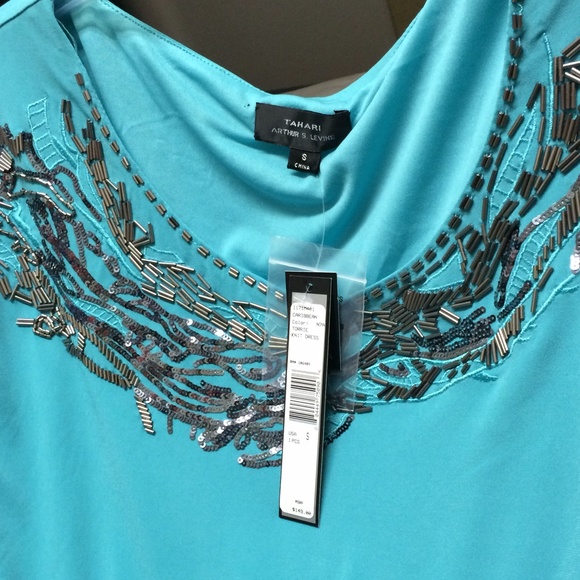 Tahari Caribbean blue knit dress w/embellished top - Picture 2 of 4