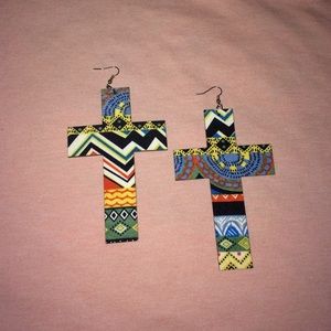 Tribal printed cross earrings