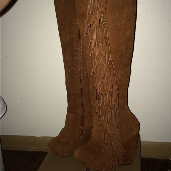 SOLD ON VINTED Camel Fringe Thigh High Wedge Boot