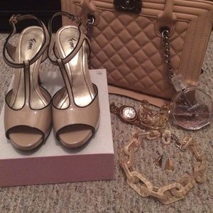 T Strap Black and Nude Heels