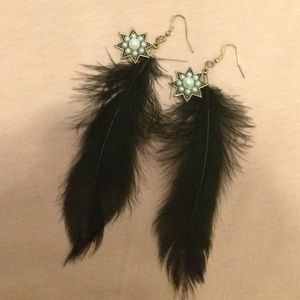 Black Feather and Pearl Earrings