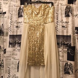 Gold sequence knee length dress with train