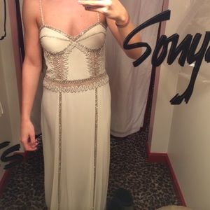 Tan prom gown, see through back, detailed beading