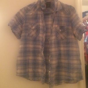 blue plaid shirt.