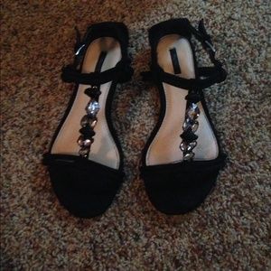 Jeweled, black swede sandals