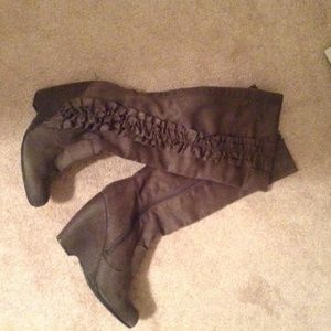 Knee high grey ruffle boots