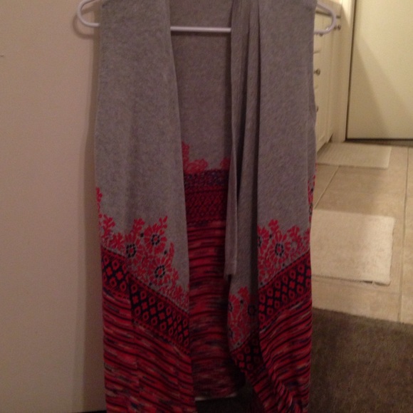 navy blue, red and grey vest