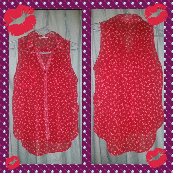 Tops - red sheer sleeveless collard top