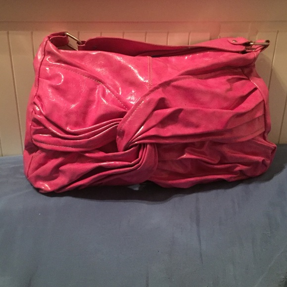 Pink pleather purse with Aqua interior.