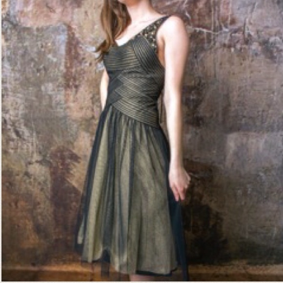 NWOT BCBG Metallic Black and Gold Rhinestone Party Dress - Picture 2 of 4