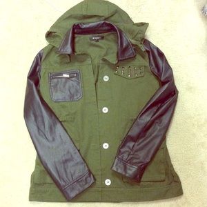 Army jacket with leather sleeves