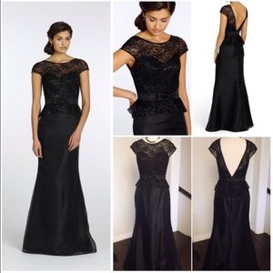 Black lace bateau neck peplum organza formal dress