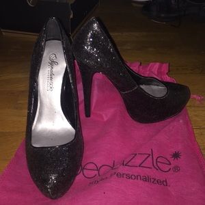 Black sparkly heels with pink bottom