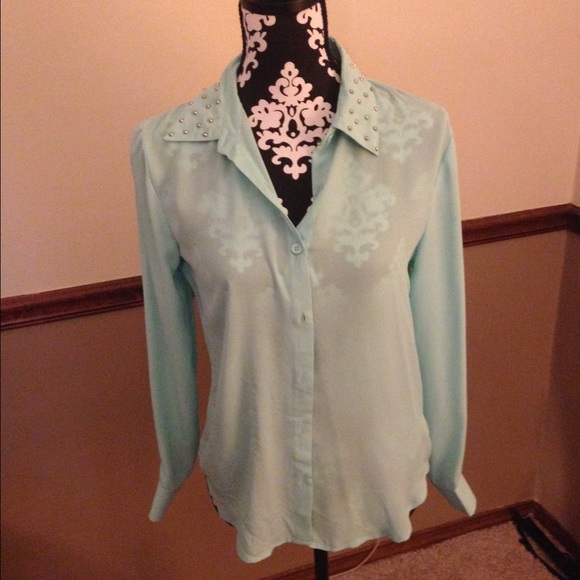 Adorable sheer button up studded collar top