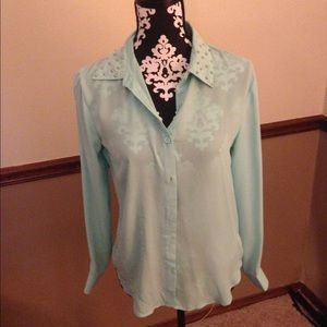 Adorable sheer button up studded collar top
