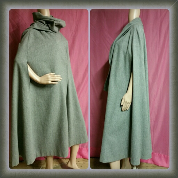Vintage  Jackets & Blazers - Vtg Gray Wool Cape Long Scarf 60's 70's