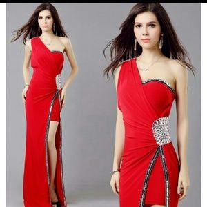 Red One Shoulder Embellished Slip Dress