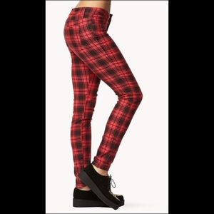 Goth / punk red & black plaid skinny jeans / pants