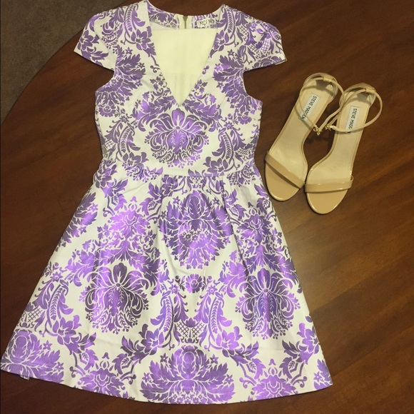 Purple and white brocade patterned mini dress