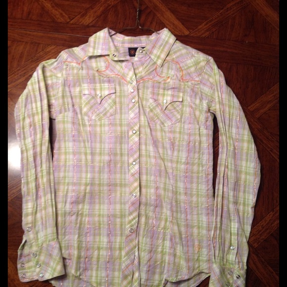 Ladies western shirt in green purple and orange