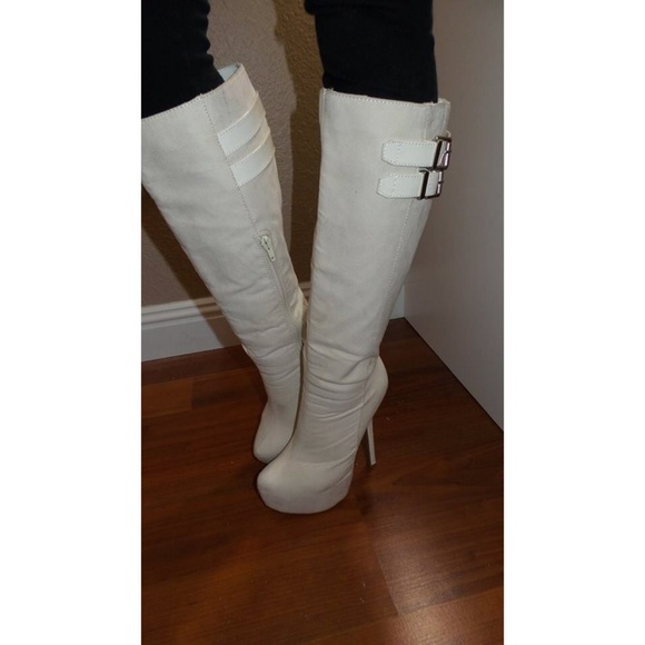 Tall white boots suede