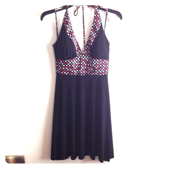 Black halter dress with polka dot detail