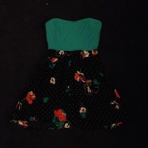 Flowy teal/black polka dot floral dress strapless