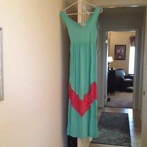 Teal and hot pink maxi dress lace detail