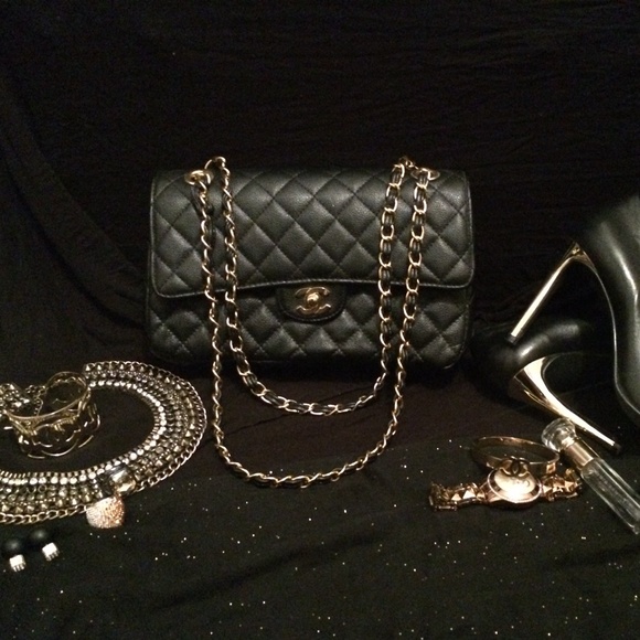 Black Quilted CC Bag Gold Hardware