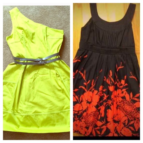 Blue and coral red dress/ lime green dress