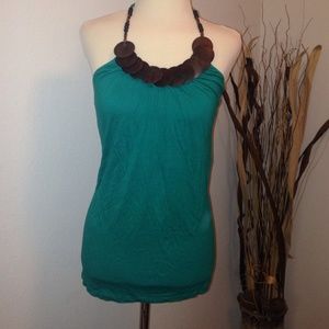 Teal halter with wooden necklace accent