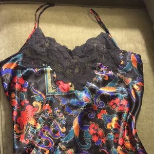 V S -Black silk-like Nighty W/ Bright Floral Print