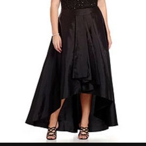 High low black taffeta skirt.