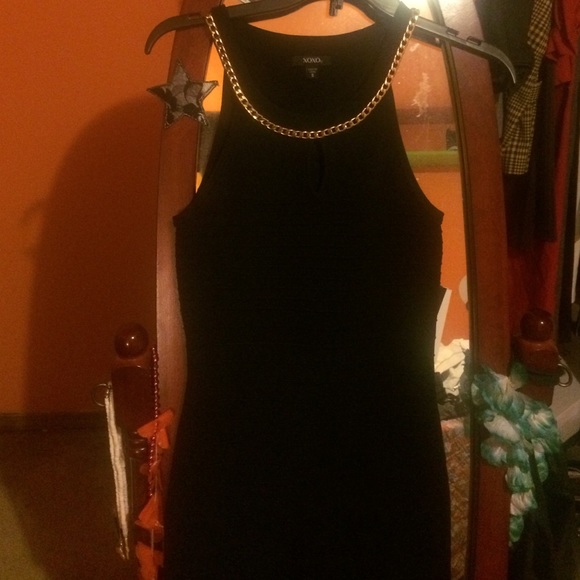 Black halter dress  gold chain neckline necklace