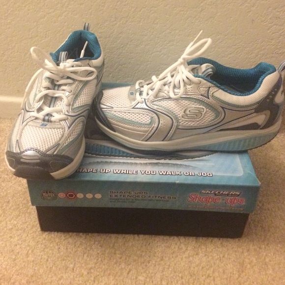 Blue and white Skechers