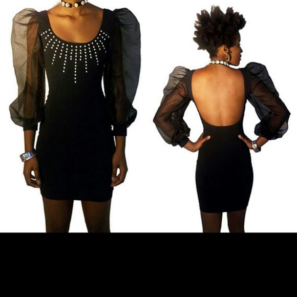 SOLDVTG Black See Thru Organza Puff Slv Mini Dress - Picture 2 of 4