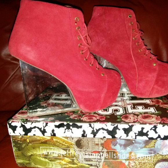Jeffrey Campbell Red Suede Glass Heel Wedge Bootie