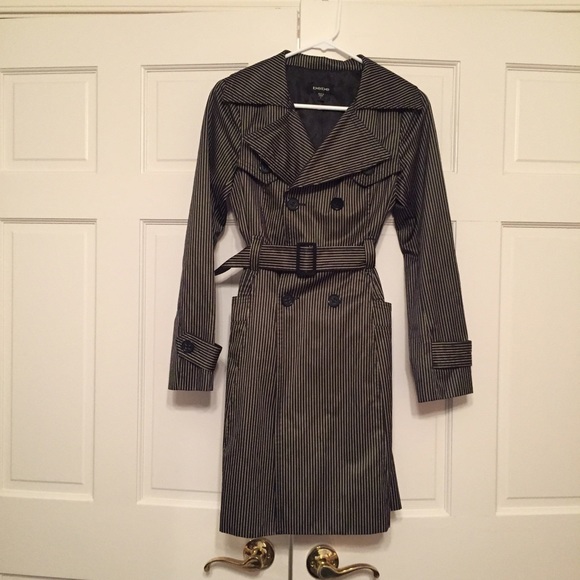 Bebe black and white pinstripe trench coat.
