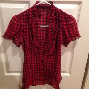Red and black checkered top with belt