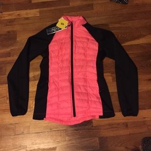 Coral-pink & black light puffer jacket.