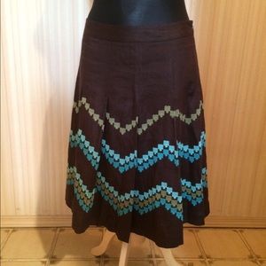 Brown Linen Reverse Pleated Embroidered Skirt