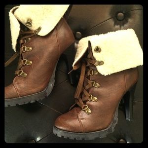 Brown faux leather high heel boots