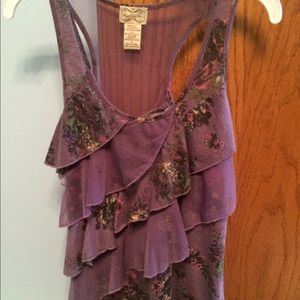 Purple ruffled, flowered tank top